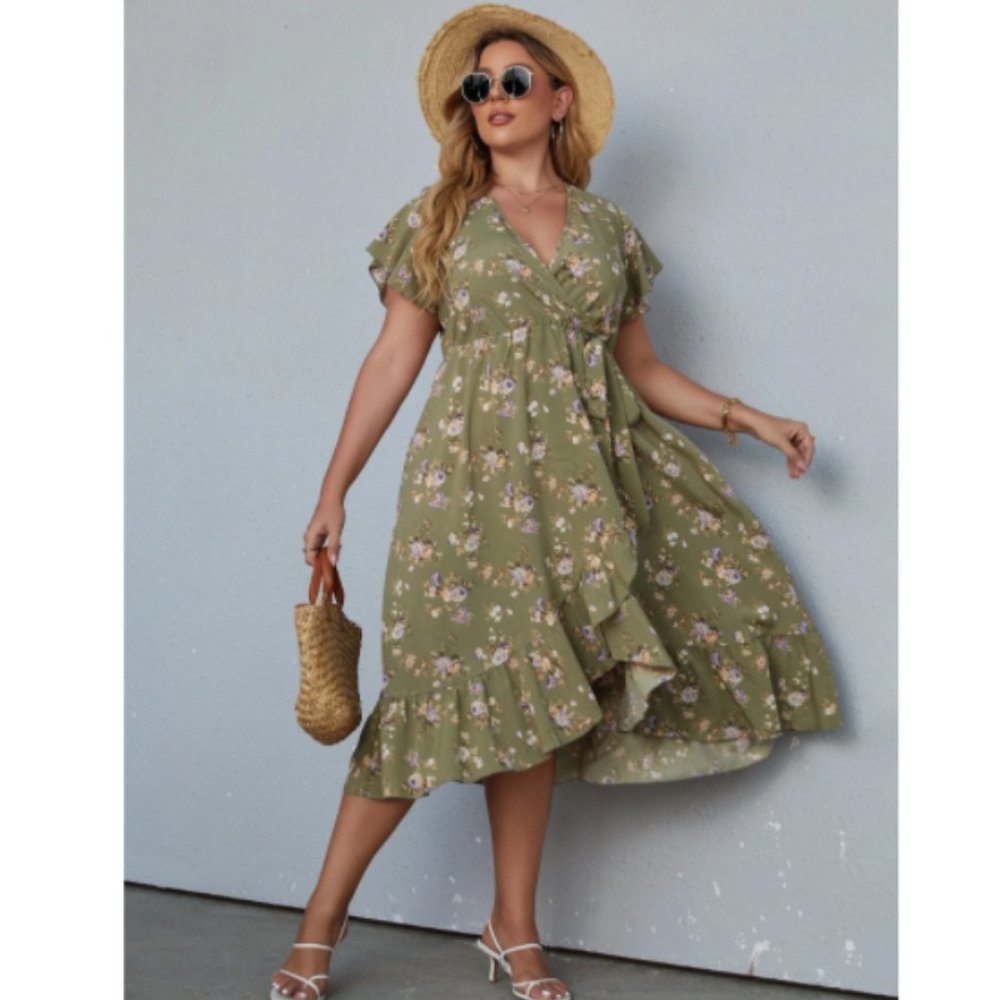 Plus Allover Floral Olive Print Knot Side Wrap Dress 16 2XL